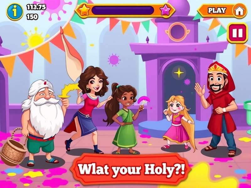 Festive Holi Quest Game Screenshot showing colorful characters and Holi celebrations